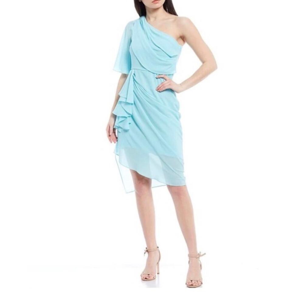 Badgley Mischka Blue Cocktail Dress Chiffon One Shoulder Midi Sheath Size 12